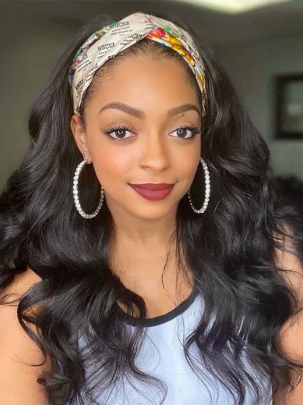 Black Wavy Headband Wig with Printed Scarf - Women Hair